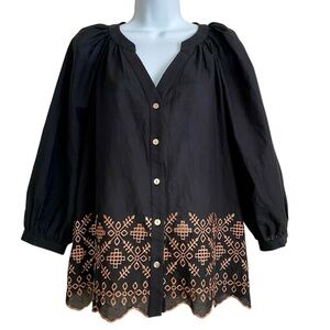Black Button-Front Tunic Blouse Top Size 8 Boho Embroidery Casual Embroidered